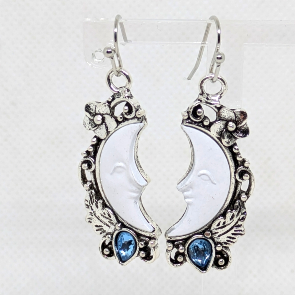NEW Crescent Moon Dangle Earrings with Blue Accents Bohemian Festival Whimsical